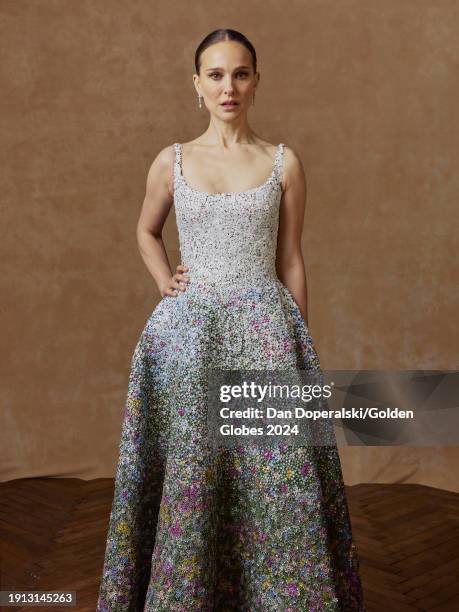 Natalie Portman at the portrait booth at the 81st Golden Globe Awards held at the Beverly Hilton Hotel on January 7, 2024 in Beverly Hills,...