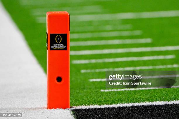 National Championship pylon sits at the goal line during the CFP National Championship football game between the Washington Huskies and Michigan...