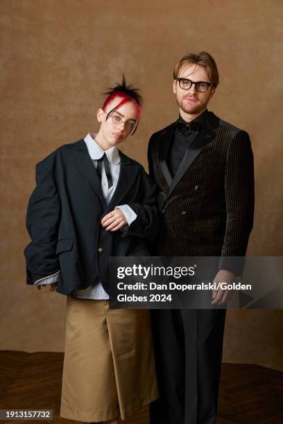 Billie Eilish and FINNEAS at the portrait booth at the 81st Golden Globe Awards held at the Beverly Hilton Hotel on January 7, 2024 in Beverly Hills,...