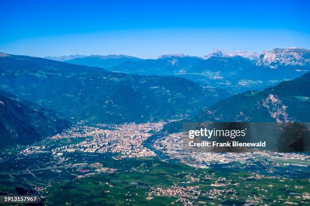 Aerial view of the town of Bolzano from the Penegal viewpoint above the Mendel Pass.