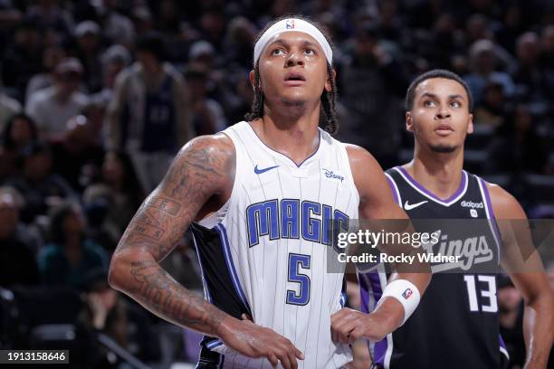 Paolo Banchero of the Orlando Magic looks on during the game against the Sacramento Kings on January 3, 2024 at Golden 1 Center in Sacramento,...