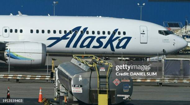 An Alaska Airlines Boeing 737 MAX 9 plane is parked on the tarmac at Los Angeles International Airport on January 8 in Los Angeles. United and Alaska...