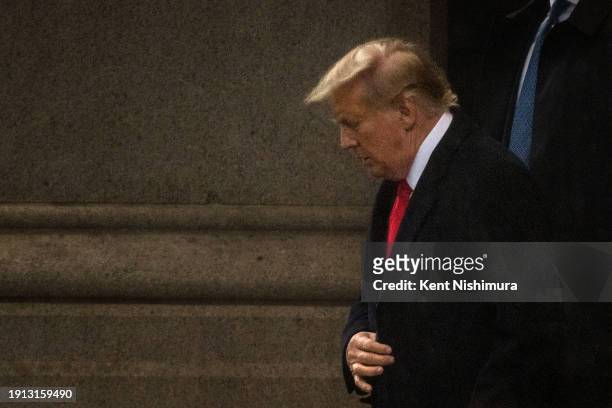 Former U.S. President Donald Trump departs the Waldorf Astoria where he held a press conference following his appearance in court on January, 9 2024...