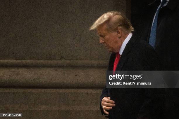 Former U.S. President Donald Trump departs the Waldorf Astoria where he held a press conference following his appearance in court on January, 9 2024...