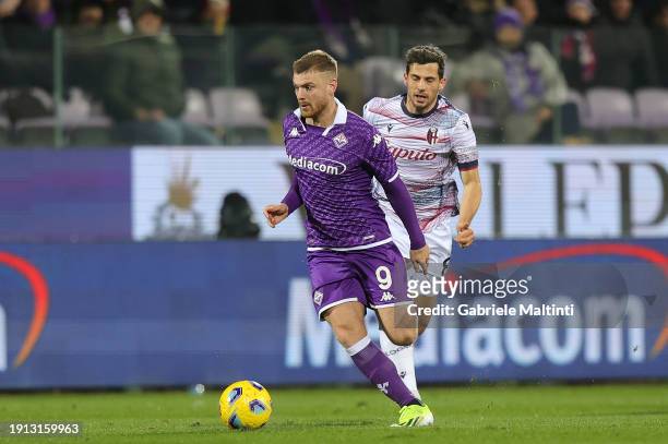 Lucas Beltrán of ACF Fiorentina in action during the match between of ACF Fiorentina and Bologna FC - Coppa Italia at Stadio Artemio Franchi on...