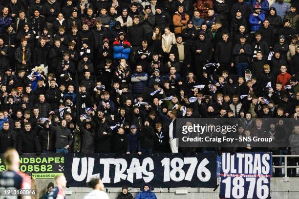 Falkirk fan group 'Ultras 1876' before a cinch League One match between Falkirk and Cove Rangers at Falkirk Stadium, on January 09 in Falkirk,...
