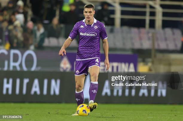 Nikola Milenkovic of ACF Fiorentina in action during the match between of ACF Fiorentina and Bologna FC - Coppa Italia at Stadio Artemio Franchi on...