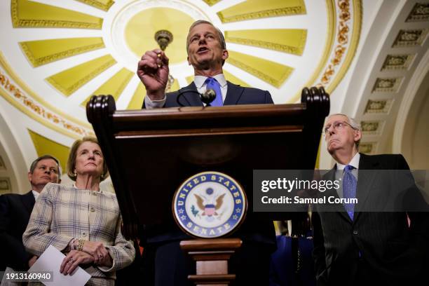 Senator John Thune speaks during a press conference following the Senate Republican weekly policy luncheon at the U.S. Capitol on January 9, 2024 in...