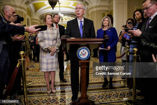 Senate Minority Leader Mitch McConnell speaks during a press conference following the Senate Republican weekly policy luncheon at the U.S. Capitol on...