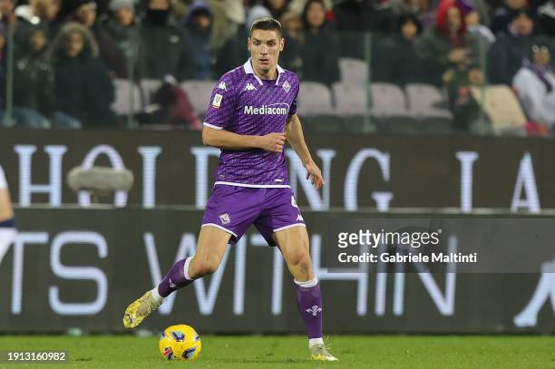 Nikola Milenkovic of ACF Fiorentina in action during the match between of ACF Fiorentina and Bologna FC - Coppa Italia at Stadio Artemio Franchi on...