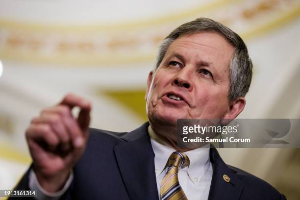 Senator Steve Daines speaks during a press conference following the Senate Republican weekly policy luncheon at the U.S. Capitol on January 9, 2024...