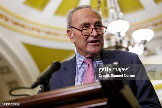 Senate Majority Leader Chuck Schumer speaks during a press conference following the Senate Democrats weekly policy luncheon at the U.S. Capitol on...