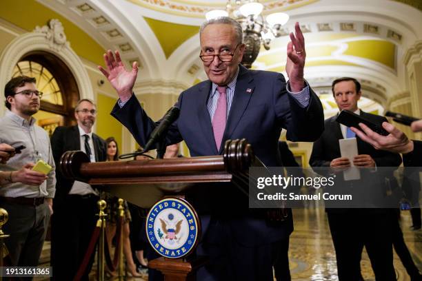 Senate Majority Leader Chuck Schumer speaks during a press conference following the Senate Democrats weekly policy luncheon at the U.S. Capitol on...