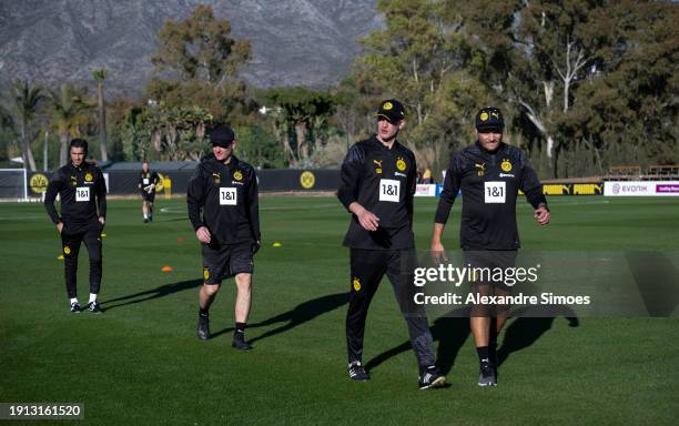 Manager Edin Terzic, Co-Trainer Nuri Sahin , Co-Trainer Sebastian Geppert, and Co-Trainer Sven Bender of Borussia Dortmund during a training session...