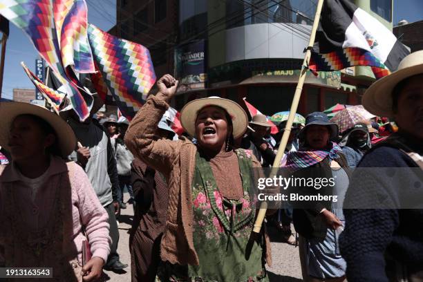 Demonstrators during a ceremony honoring civilians killed in the 2023 protests in Juliaca, Puno department, Peru, on Tuesday, Jan. 9, 2024. Thousands...
