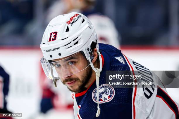 Johnny Gaudreau of the Columbus Blue Jackets looks on during the pre-game warm up prior to NHL action against the Winnipeg Jets at the Canada Life...