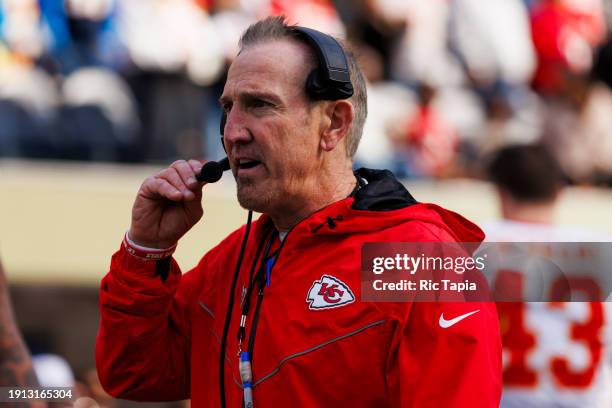 Kansas City Chiefs defensive coordinator Steve Spagnuolo on the sideline during a game against the Los Angeles Chargers at SoFi Stadium on January 7,...