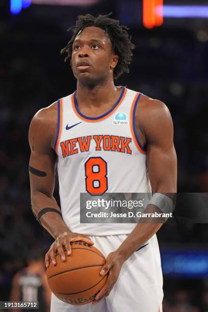 Anunoby of the New York Knicks prepares to shoot a free throw during the game against the Portland Trail Blazers on January 9, 2024 at Madison Square...