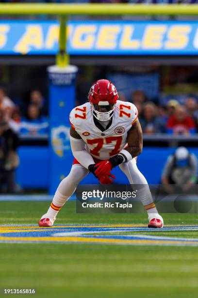 Lucas Niang of the Kansas City Chiefs in an offensive stance during a game against the Los Angeles Chargers at SoFi Stadium on January 7, 2024 in...