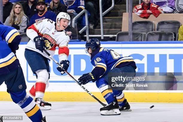 Gustav Forsling of the Florida Panthers takes a shot as Scott Perunovich of the St. Louis Blues defends on January 9, 2024 at the Enterprise Center...