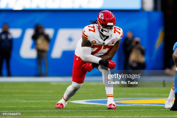 Lucas Niang of the Kansas City Chiefs in an offensive stance during a game against the Los Angeles Chargers at SoFi Stadium on January 7, 2024 in...