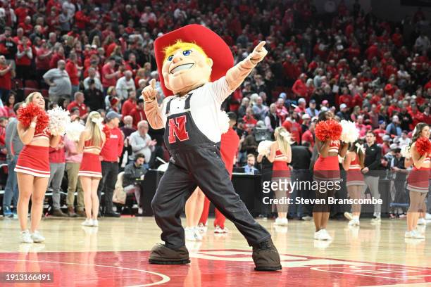 The mascot for the Nebraska Cornhuskers performs before the game against the Purdue Boilermakers at Pinnacle Bank Arena on January 9, 2024 in...