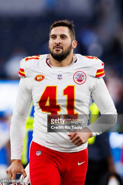 James Winchester of the Kansas City Chiefs walks off the field during a game against the Los Angeles Chargers at SoFi Stadium on January 7, 2024 in...