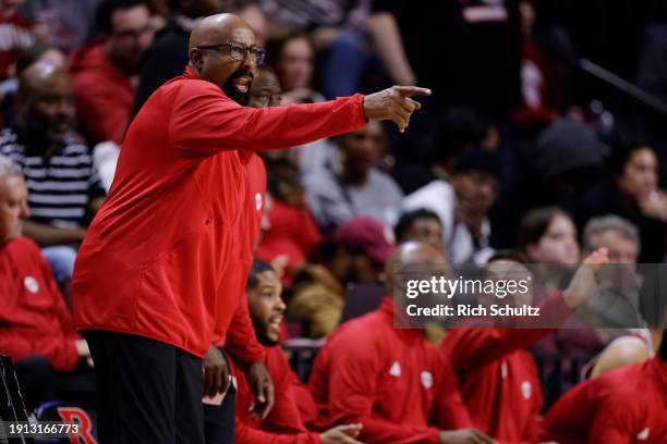 Head coach Mike Woodson of the Indiana Hoosiers gestures during the second half against the Rutgers Scarlet Knights at Jersey Mike's Arena on January...