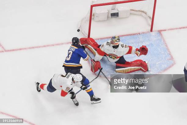 Dmitry Kulikov and Anthony Stolarz of the Florida Panthers defend the net against Alexey Toropchenko of the St. Louis Blues on January 9, 2024 at the...