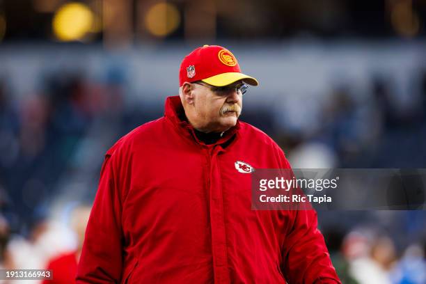 Kansas City Chiefs head coach Andy Reid walks off the field during a game against the Los Angeles Chargers at SoFi Stadium on January 7, 2024 in...