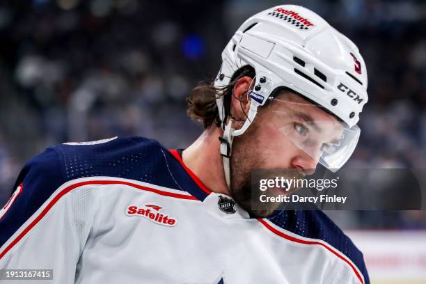 Ivan Provorov of the Columbus Blue Jackets looks on during a first period stoppage in play against the Winnipeg Jets at the Canada Life Centre on...