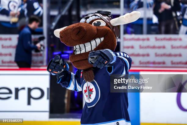 Winnipeg Jets mascot Mick E. Moose celebrates following a 5-0 shutout victory over the Columbus Blue Jackets at the Canada Life Centre on January 9,...
