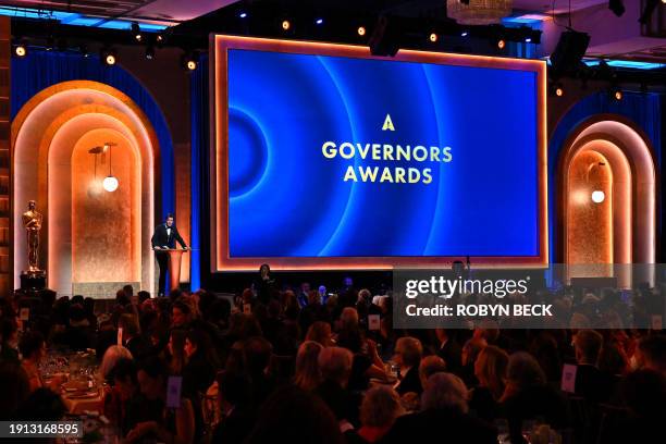 Host US actor John Mulaney speaks during the Academy of Motion Picture Arts and Sciences' 14th Annual Governors Awards at the Ray Dolby Ballroom in...