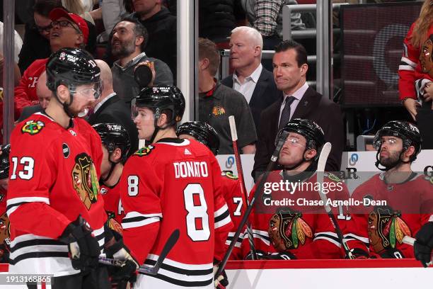 Head coach Luke Richardson of the Chicago Blackhawks stands at the bench in the third period against the Edmonton Oilers at the United Center on...