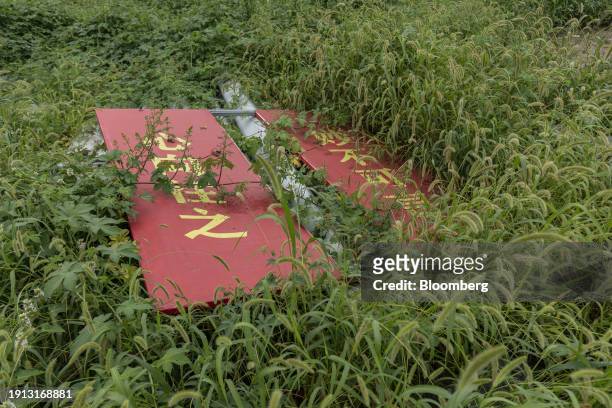 Pair of slogan signs in a field while nearby buildings are under construction, in Xiongan, China, on Monday, Aug. 21, 2023. China has spent more than...
