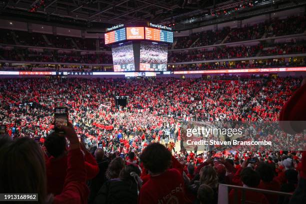 Fans storm the court after the Nebraska Cornhuskers defeated the Purdue Boilermakers at Pinnacle Bank Arena on January 9, 2024 in Lincoln, Nebraska.