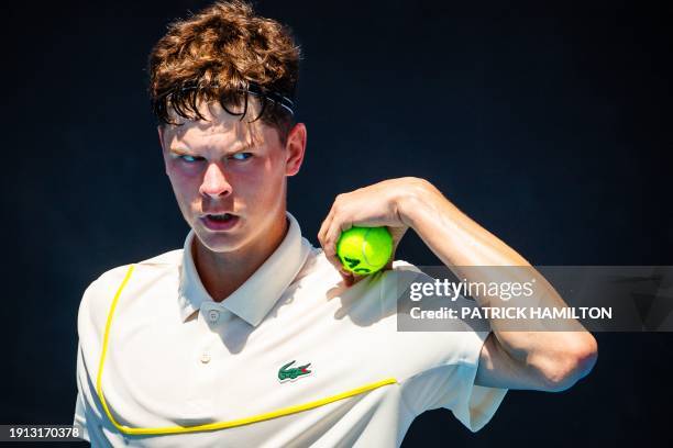 Belgian Alexander Block pictured in action at a men's qualifying singles first round game between Belgian Blockx and US Svajda, at the qualifiers of...