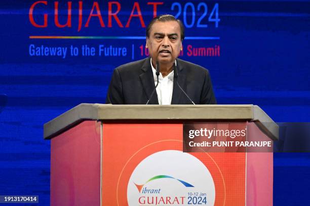 Chairman and Managing Director of Reliance Industries, Mukesh Ambani addresses a gathering during the inaugural session of Vibrant Gujarat Global...