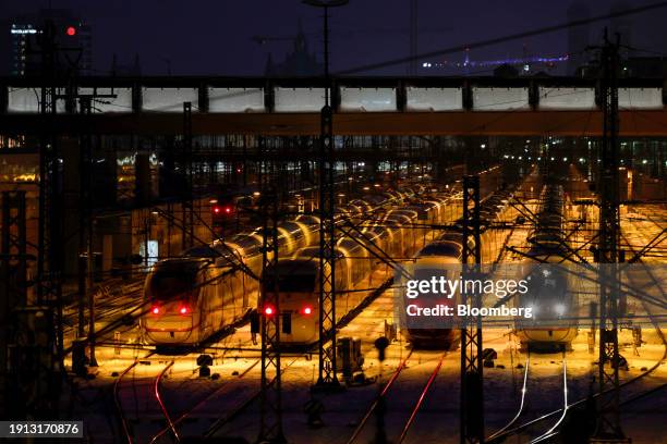 Stationary passenger trains, on the first day of a strike by members of the Gewerkschaft Deutscher Lokomotivführer union, in Munich, Germany, on...