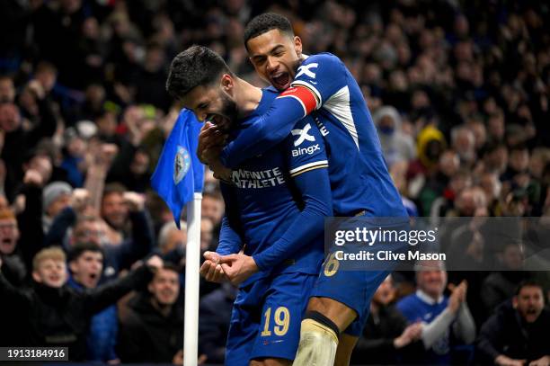 Armando Broja of Chelsea celebrates scoring his team's first goal during the Emirates FA Cup Third Round match between Chelsea and Preston North End...