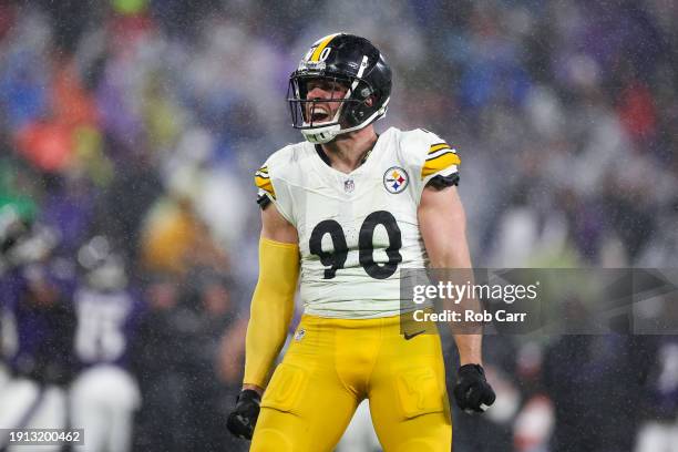 Watt of the Pittsburgh Steelers celebrates after a sack in the third quarter of a game against the Baltimore Ravens at M&T Bank Stadium on January...