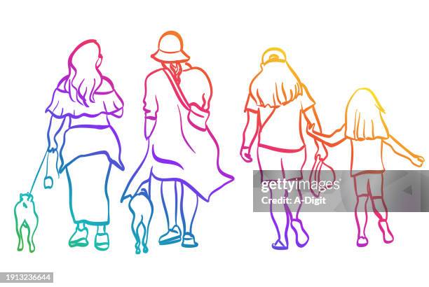 three generations on a walk rainbow - sun hat white background stock illustrations