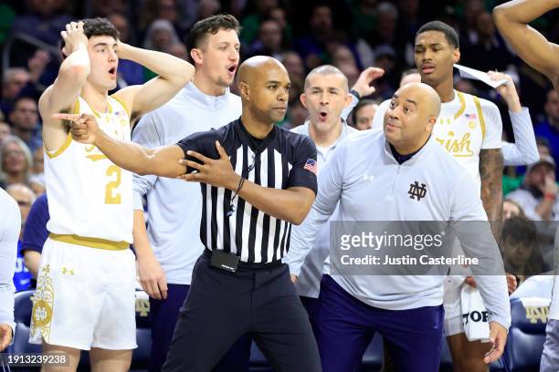 Head coach Micah Shrewsberry of the Notre Dame Fighting Irish reacts after a call during the first half in the game against the Duke Blue Devils at...