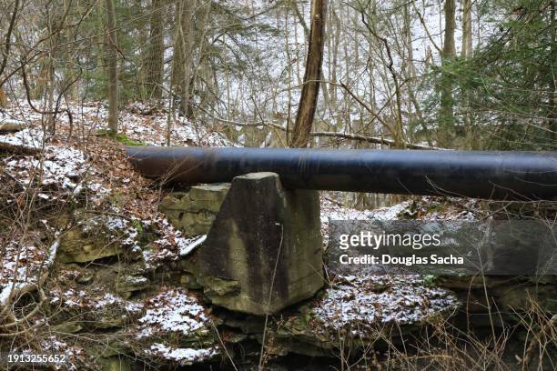 supported sewage pipe in the wilderness - science and transportation committee stock pictures, royalty-free photos & images