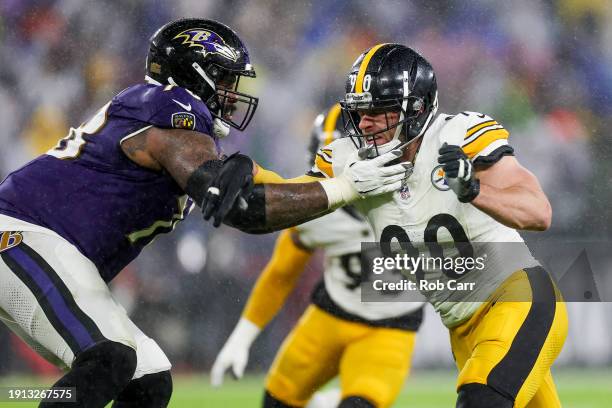 Watt of the Pittsburgh Steelers tries to get by Morgan Moses of the Baltimore Ravens in the third quarter of a game at M&T Bank Stadium on January...