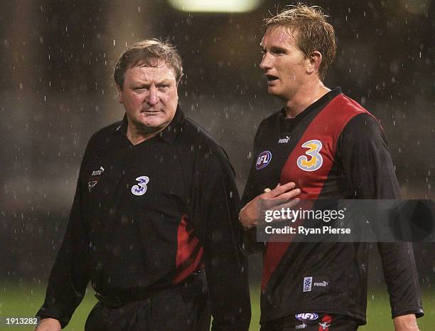 Essendon coach Kevin Sheedy contemplates his teams' loss with his captain James Hird for the Bombers after the match between the Essendon Bombers and...