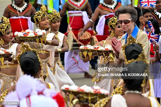 Britain's Princess Anne, Princess Royal arrives for a three days official visit to Sri Lanka at Bandaranaike International Airport in Katunayake on...