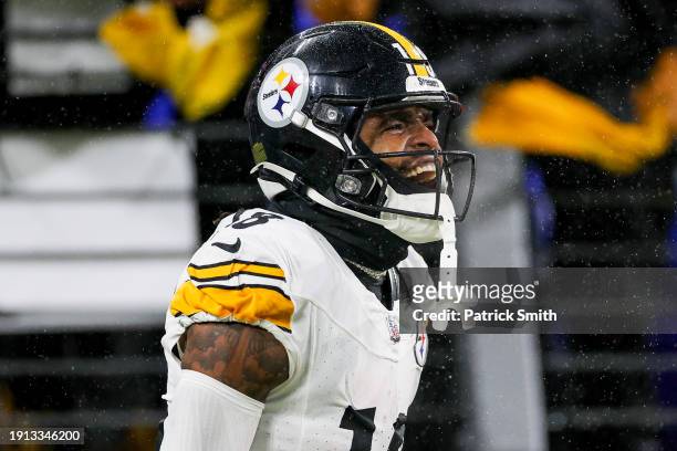 Diontae Johnson of the Pittsburgh Steelers reacts after scoring a touchdown in the fourth quarter of a game against the Baltimore Ravens at M&T Bank...