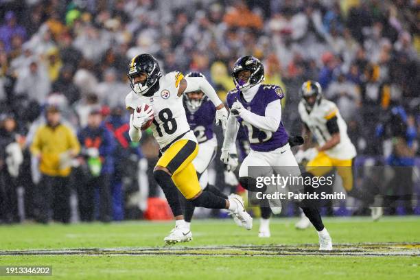 Diontae Johnson of the Pittsburgh Steelers runs up the field in the fourth quarter of a game against the Baltimore Ravens at M&T Bank Stadium on...