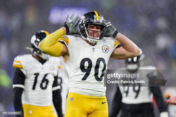 Watt of the Pittsburgh Steelers reacts after a sack in the third quarter of a game against the Baltimore Ravens at M&T Bank Stadium on January 06,...